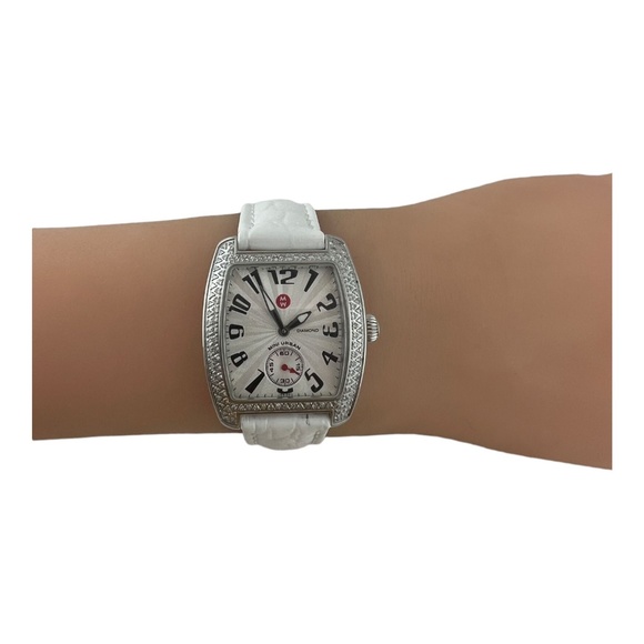 Michele Ladies Mini Urban Diamond Watch White Band Silver Dial #13765 - Picture 7 of 13